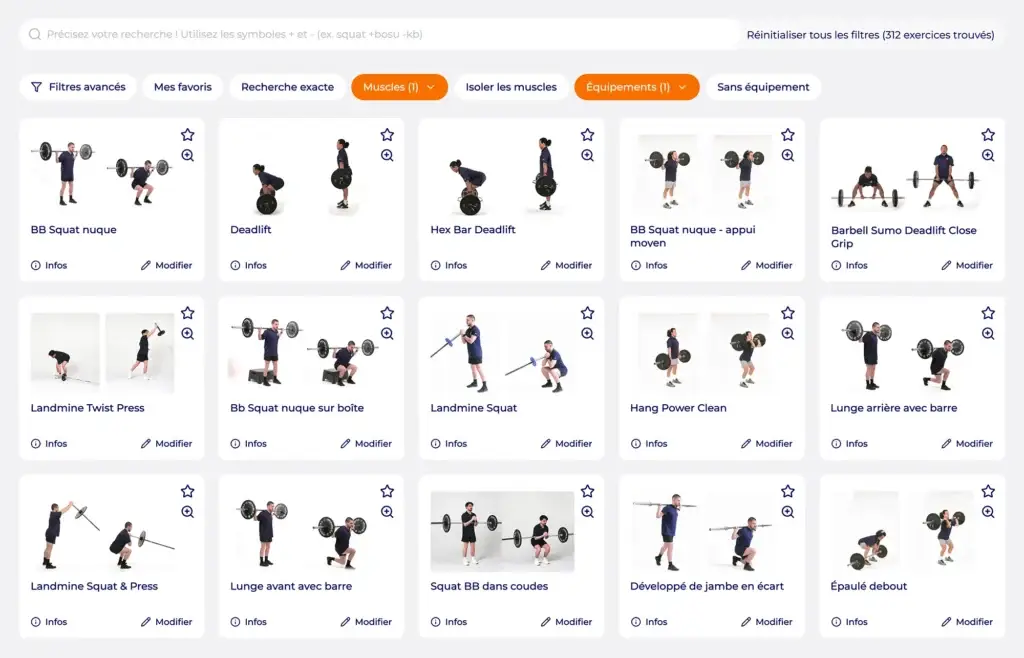 Banque d'exercices Hexfit avec filtres par groupe musculaire et équipement, illustrations de deadlift, squat et développé de jambe