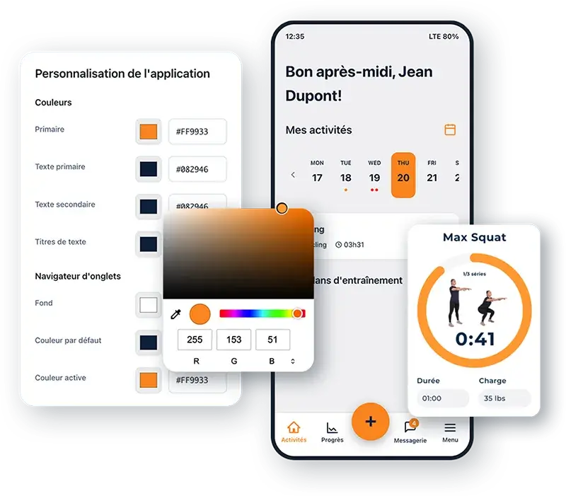 Interface de personnalisation des couleurs de l'application Hexfit en marque blanche, avec aperçu mobile
