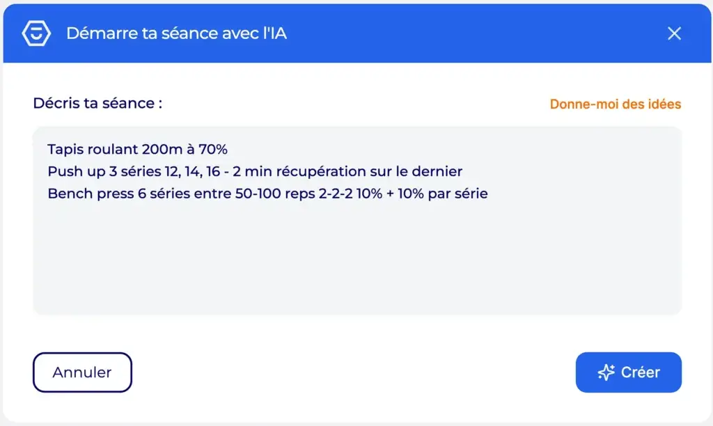 Fenêtre Hexfit pour créer une séance d'entraînement avec l'intelligence artificielle à partir d'une description en texte libre