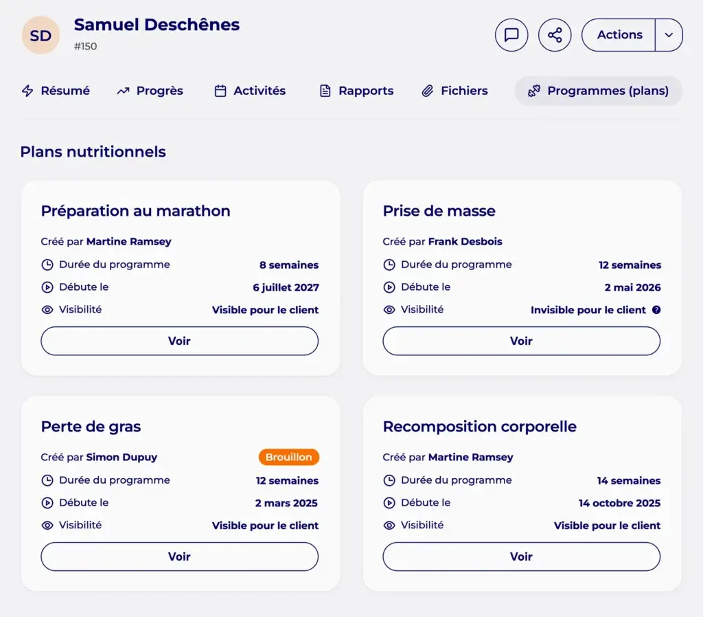 Dossier client Hexfit avec liste des plans nutritionnels (préparation marathon, prise de masse, perte de gras, recomposition corporelle), visibilité et statut