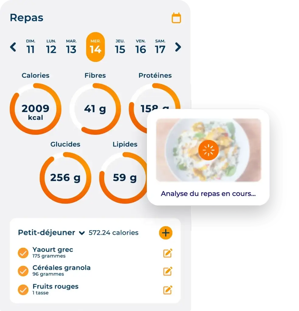 Écran Hexfit Go où le client suit ses repas quotidiens, avec analyse automatique d'une photo d'assiette par l'IA