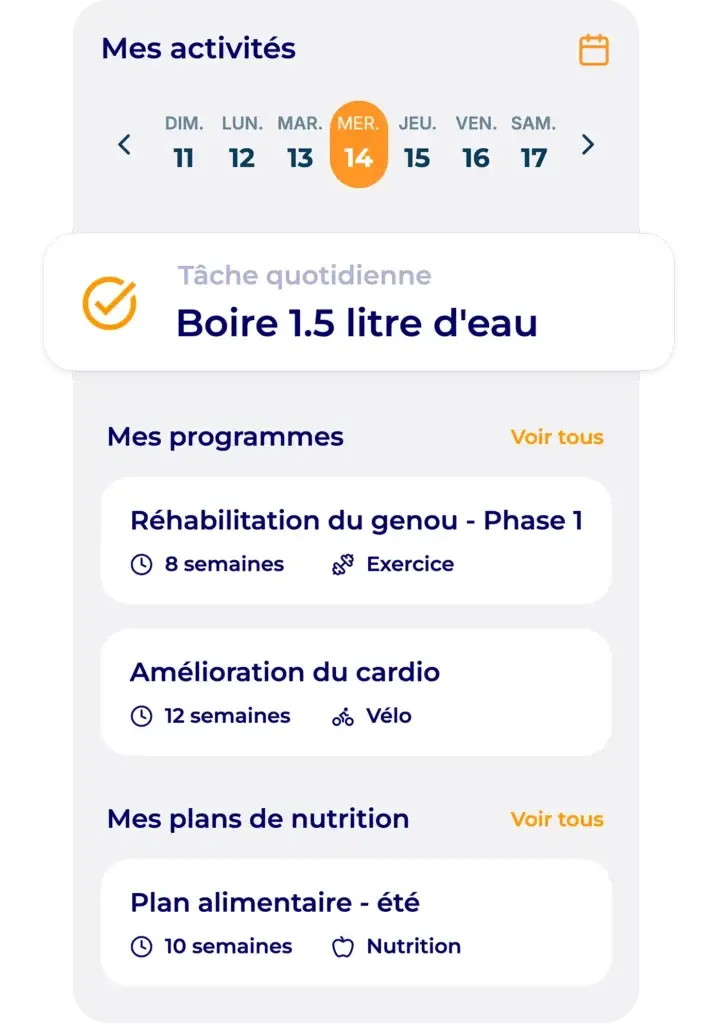 Écran Hexfit Go avec calendrier d'activités et tâche quotidienne à cocher : boire 1,5 litre d'eau