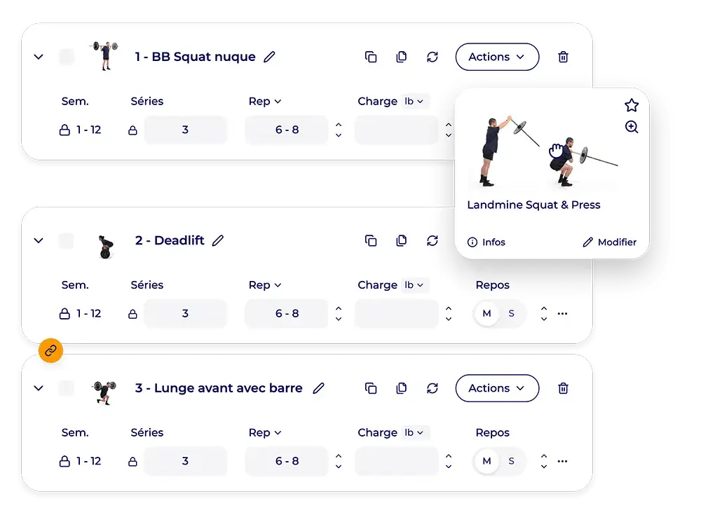 Aperçu de l'interface Hexfit pour créer un programme d'entraînement professionnel avec exercices, séries et assistance IA