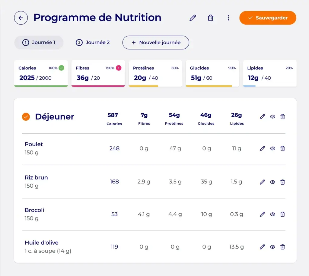 Logiciel de suivi alimentaire Hexfit pour coachs sportifs et nutritionnistes, programme de nutrition avec calories, fibres, protéines, glucides et lipides suivis par rapport aux objectifs