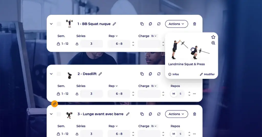Interface Hexfit pour créer un programme d'entraînement professionnel avec exercices et assistance IA