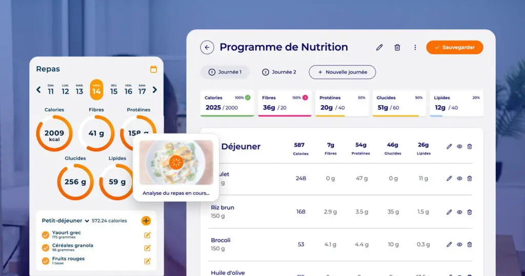Logiciel de suivi alimentaire Hexfit : suivi mobile des repas avec analyse IA d'une photo d'assiette, et programme de nutrition détaillé avec calories et macros