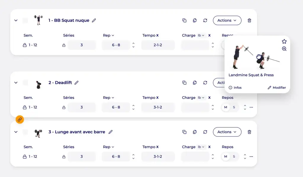 Interface de création de programme Hexfit avec séries, répétitions, tempo, charge et repos par exercice, et aperçu d'un exercice au survol
