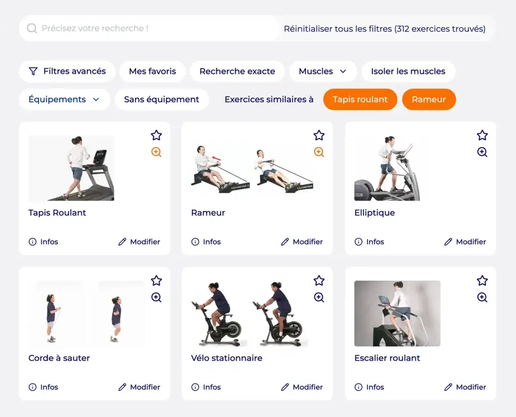 Interface Hexfit suggérant des exercices similaires au tapis roulant et au rameur : elliptique, corde à sauter, vélo stationnaire, escalier roulant
