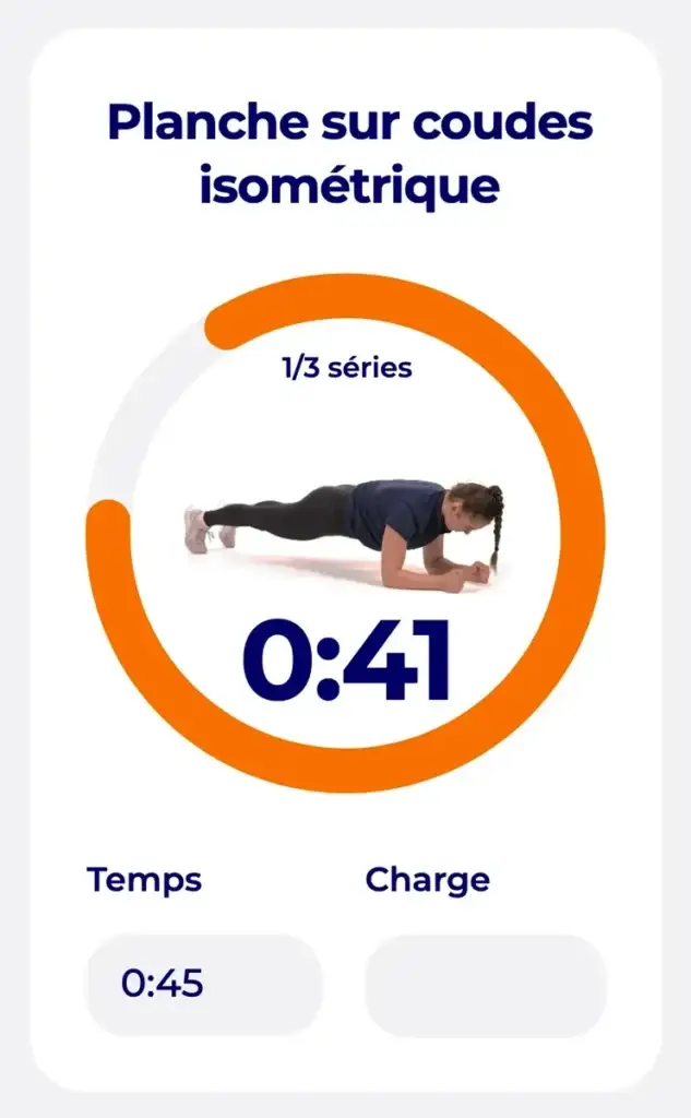 Écran de l'application mobile Hexfit Go avec minuteur circulaire pour un exercice isométrique de planche sur coudes, série 1 sur 3, temps et charge