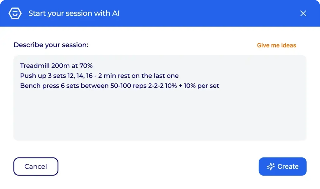 Hexfit AI popup letting a trainer describe a session in plain text to auto-generate it