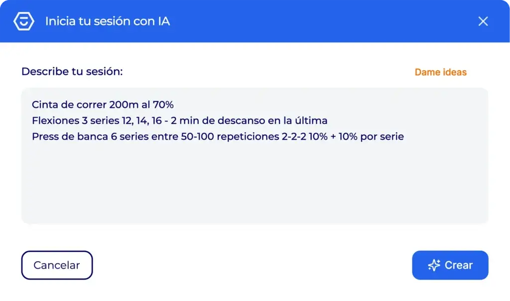Ventana de IA de Hexfit donde el entrenador describe una sesión en texto libre para generarla automáticamente