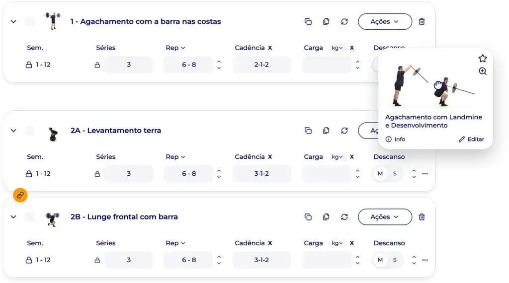 Interface Hexfit de criação de treino com biblioteca de exercícios e detalhes de séries e repetições