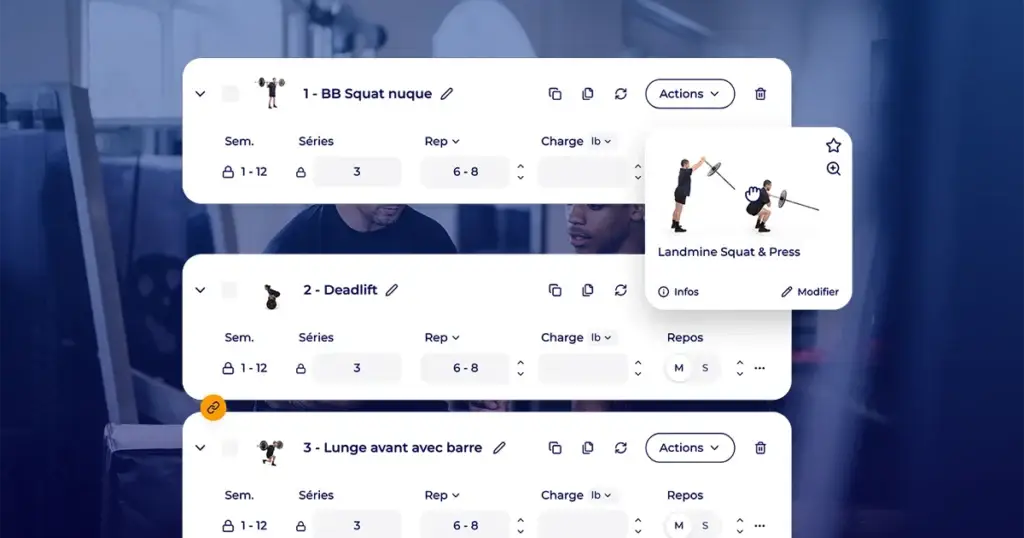 Interface Hexfit pour créer un programme d'entraînement, avec exercices, séries et suggestions similaires
