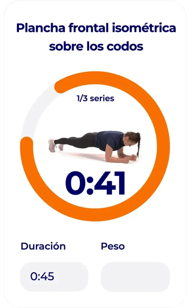 Pantalla de la aplicación móvil Hexfit Go con temporizador circular para un ejercicio isométrico de plancha sobre los codos, serie 1 de 3, tiempo y carga