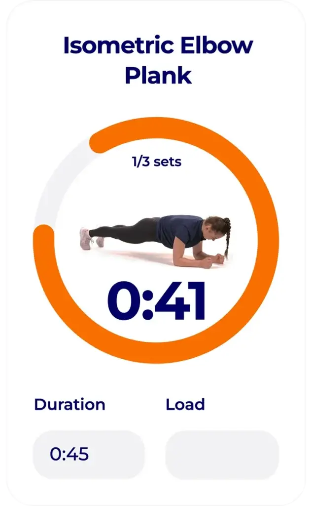 Screen from the Hexfit Go mobile app showing a circular timer for an isometric elbow plank exercise, set 1 of 3, with time and load