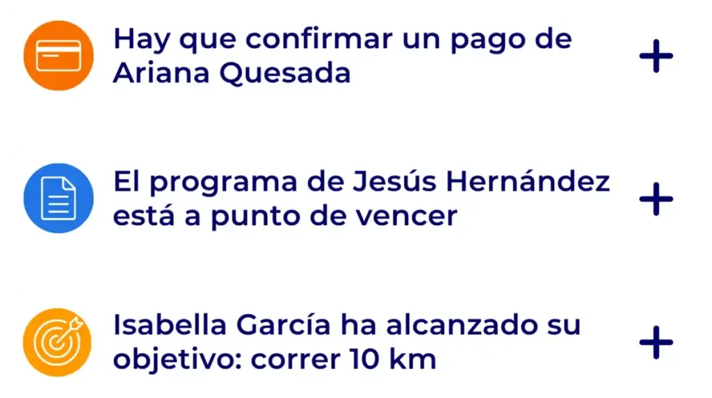 Notificaciones del panel de Hexfit: pago pendiente, programa por vencer y meta de cliente alcanzada