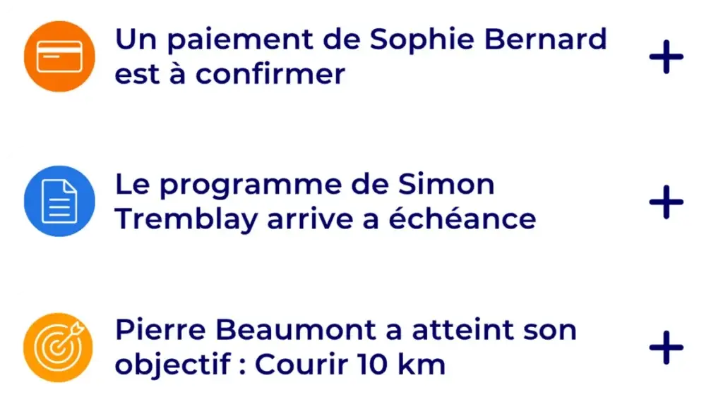 Notifications du tableau de bord Hexfit - paiement à confirmer, échéance de programme et objectif client atteint