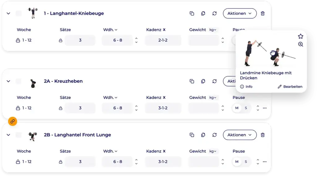 Hexfit-Interface zur Trainingsprogrammerstellung mit Übungsbibliothek und Trainingsdetails
