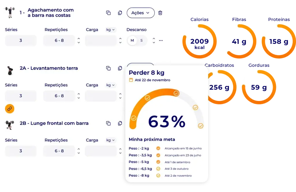 Interface Hexfit mostrando criação de treino, macros nutricionais e meta de perda de peso
