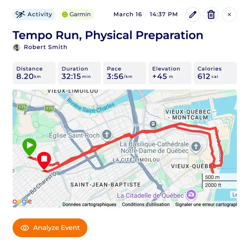 Hexfit workout log showing distance, pace, perceived exertion, and the athlete’s rating after a workout