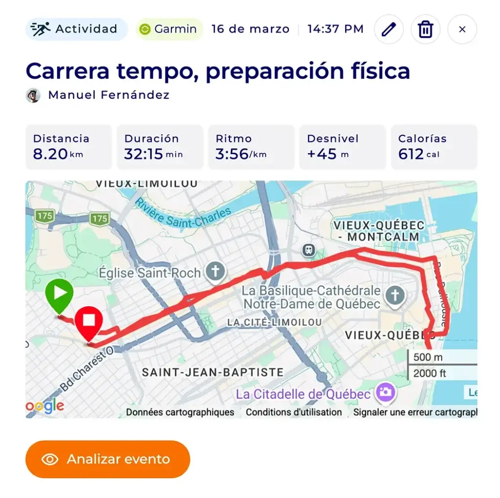 Ficha de sesión de Hexfit con distancia, ritmo, esfuerzo percibido y valoración del deportista tras un entrenamiento