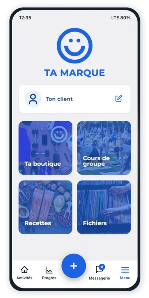 écran d'accueil d'une application marque blanche Hexfit personnalisée aux couleurs et au logo d'un studio fitness, avec boutique, cours de groupe, recettes et fichiers
