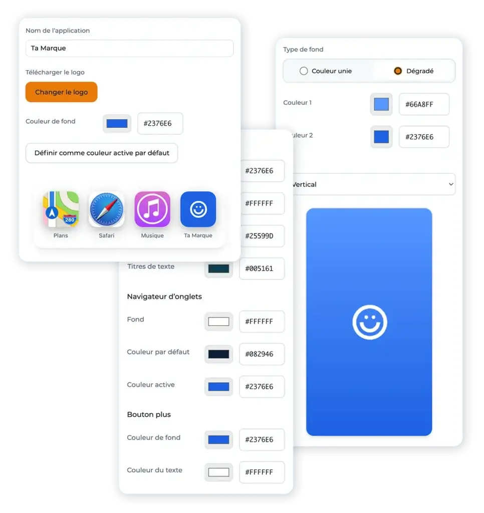 configurateur en ligne Hexfit pour personnaliser le nom, le logo et les couleurs d'une application marque blanche