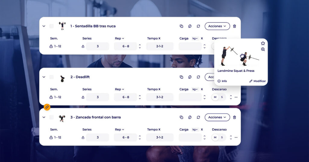 Creador de programas de Hexfit con series, repeticiones y tempo para sentadilla y peso muerto, con una sugerencia de ejercicio