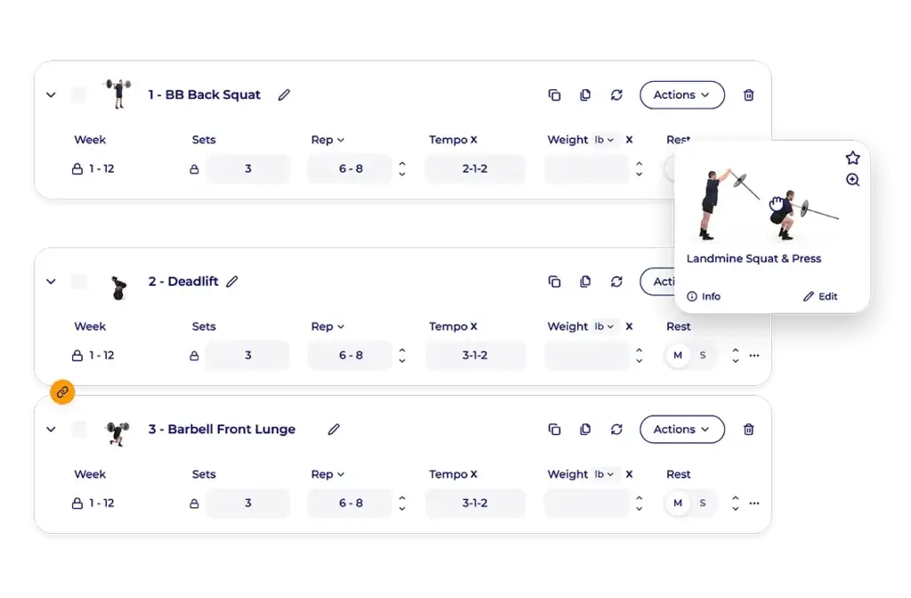 Hexfit drag-and-drop workout builder showing a trainer reordering exercises like squats, deadlifts, and lunges