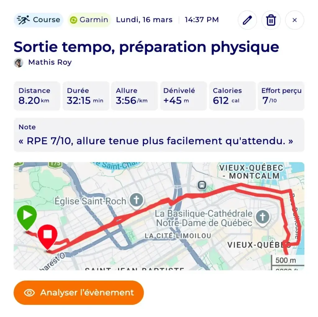 Fiche de séance Hexfit avec distance, allure, effort perçu et note de l'athlète après un entraînement