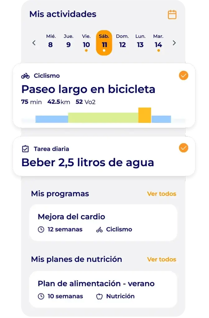 Sesión de ciclismo, tarea diaria y plan de nutrición de un cliente en la app móvil Hexfit Go