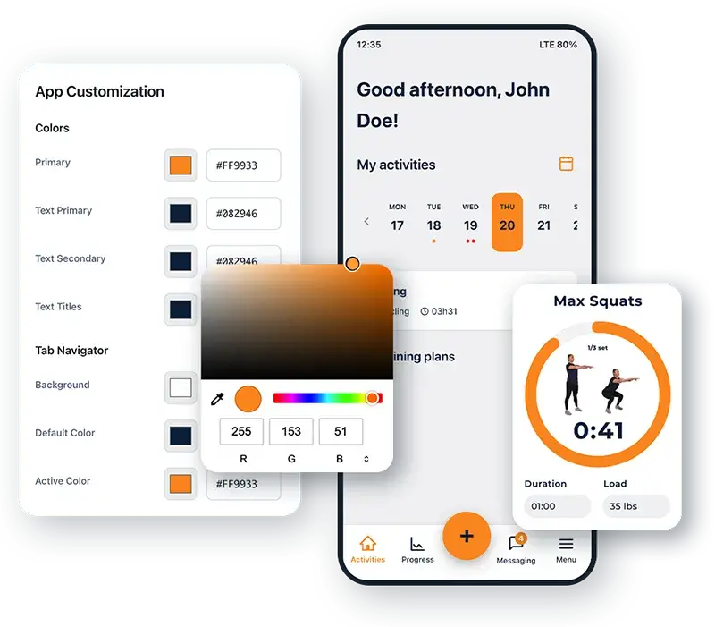 Painel de personalização do app Hexfit Go com um seletor de cores, ao lado de um painel mobile mostrando as atividades semanais de um cliente e um cronômetro do exercício "Max Squats"