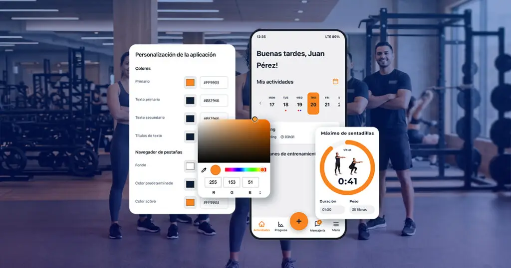 Panel de personalización de colores de la app de marca blanca Hexfit, con vista previa móvil del calendario de actividades