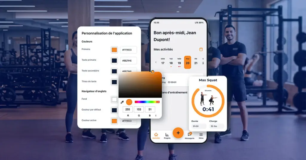Personnalisation des couleurs de l'application marque blanche Hexfit, avec aperçu mobile du calendrier d'activités et d'un exercice