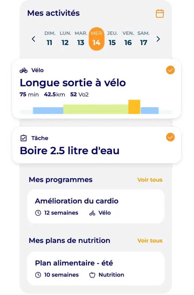 Écran Hexfit Go affichant la sortie vélo du jour avec durée, distance et VO2, ainsi que les programmes d'entraînement cardio et le plan de nutrition de l'athlète