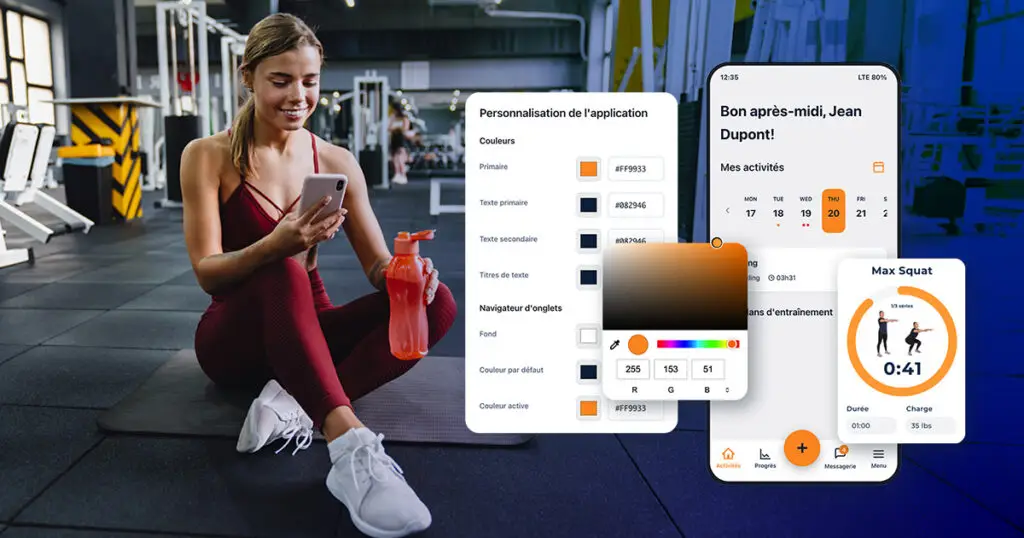 Interface de personnalisation de l'application mobile Hexfit en marque blanche, avec choix des couleurs et aperçu de l'application sur le téléphone d'une cliente en salle de sport