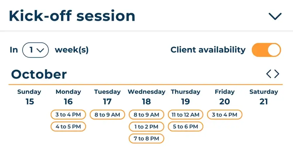 Hexfit appointment scheduling calendar showing available time slots for a client's kickoff session