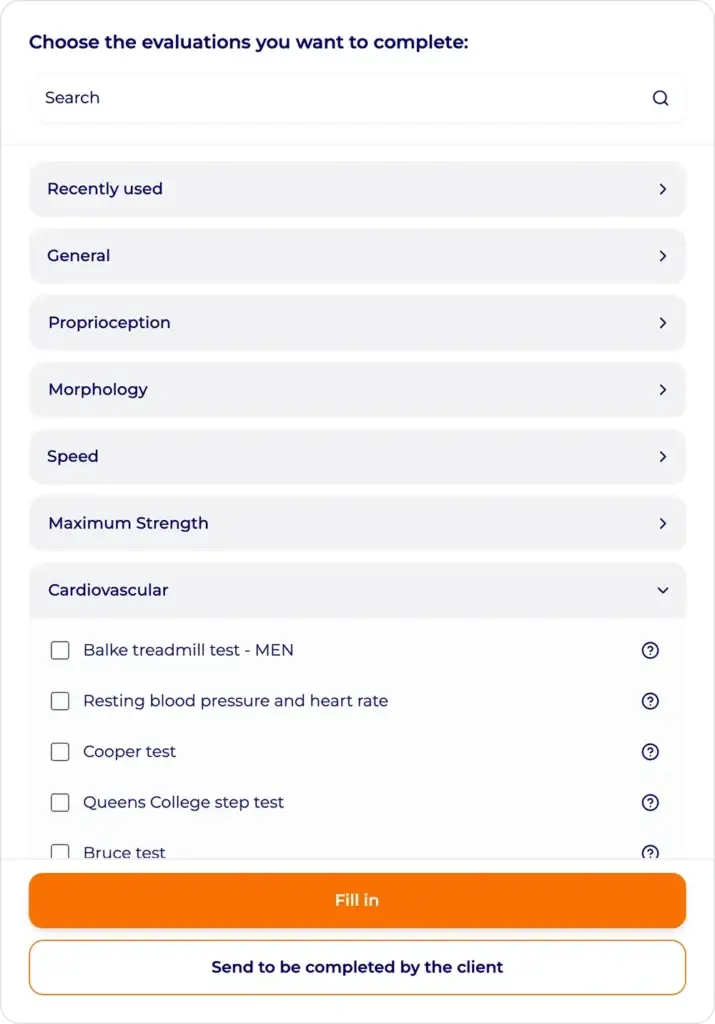 Hexfit screen for selecting fitness assessment tests to complete, Cardiovascular category with the Balke test, Cooper test and Brue test