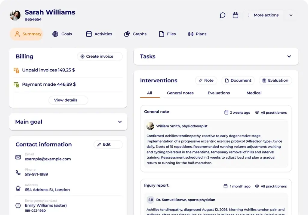 Hexfit client profile showing billing (unpaid invoices, payments made) alongside tracking and intervention notes from the sports doctor and physiotherapist for an Achilles tendinopathy