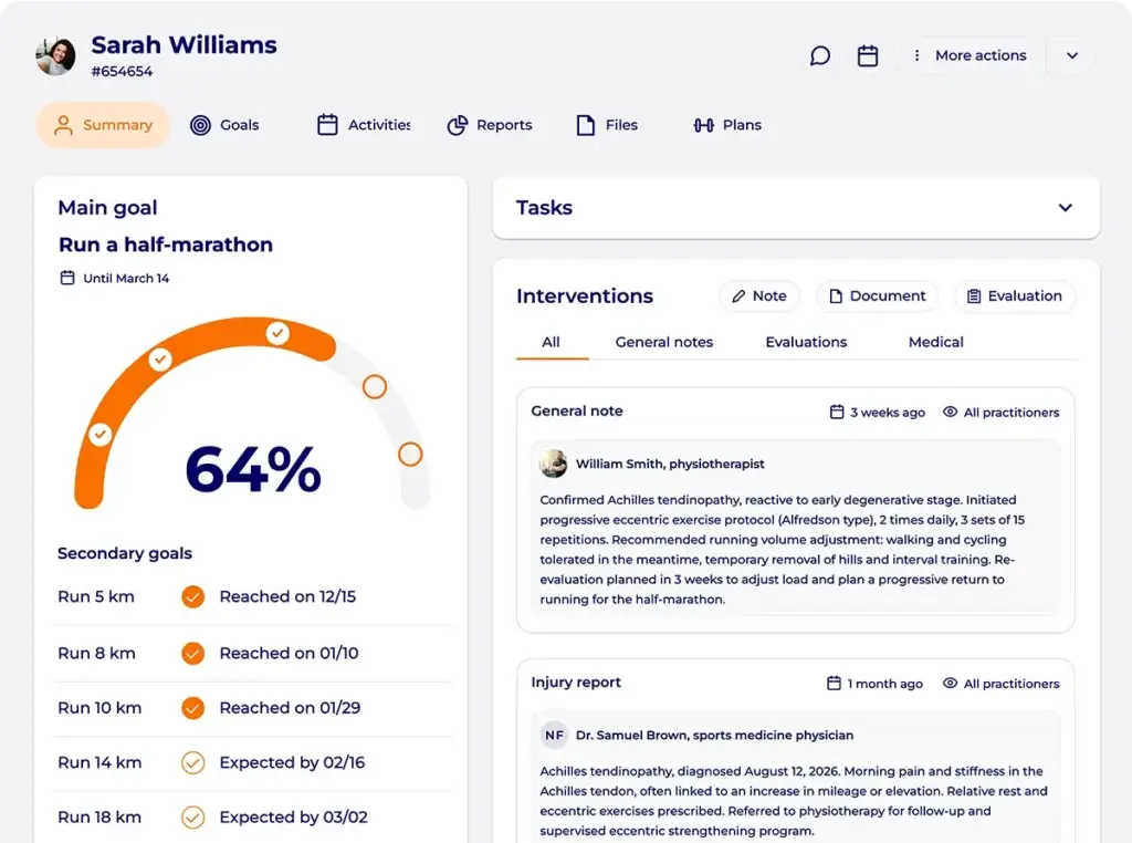 Hexfit client profile for a runner training for a half marathon, showing 64% goal progress and notes from the sports doctor and physiotherapist for an Achilles tendinopathy