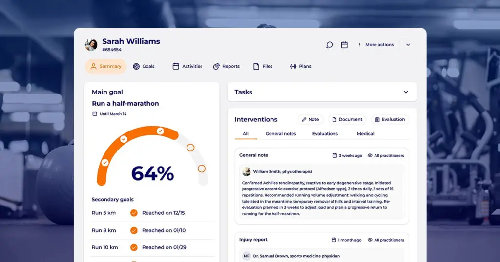 Hexfit client record showing progress toward the main goal, secondary goals, and intervention notes from professionals