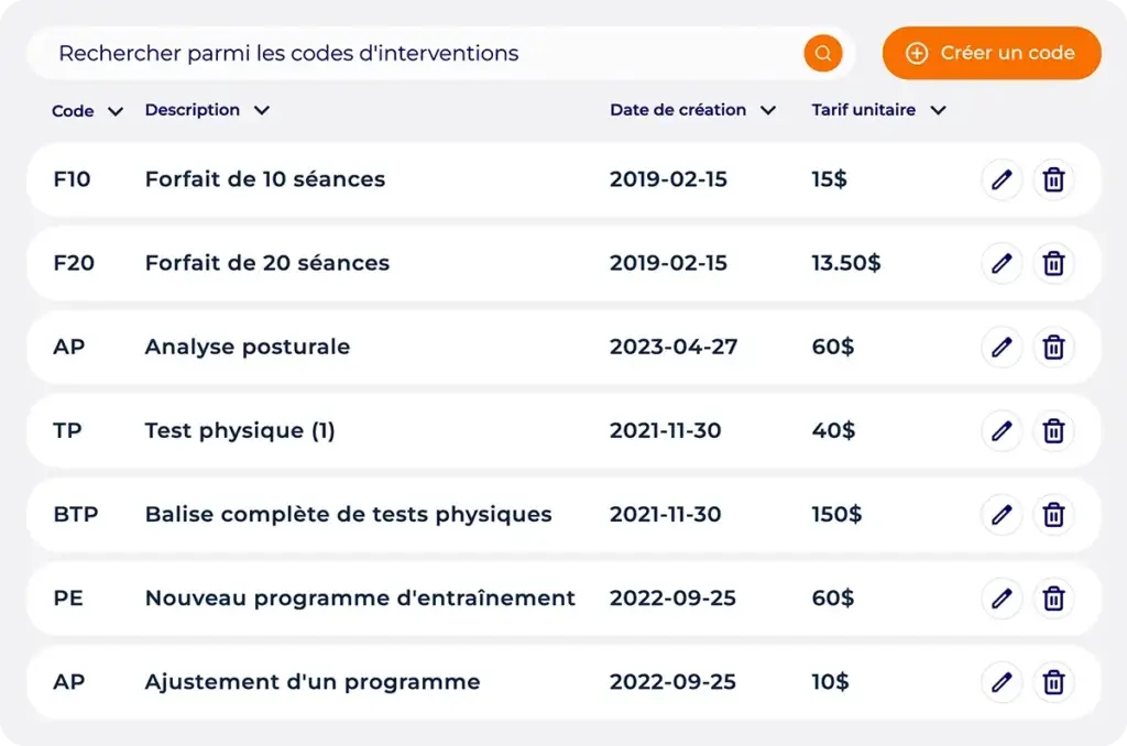 Liste des codes d'intervention Hexfit avec forfaits de 10 et 20 séances, description et tarif unitaire