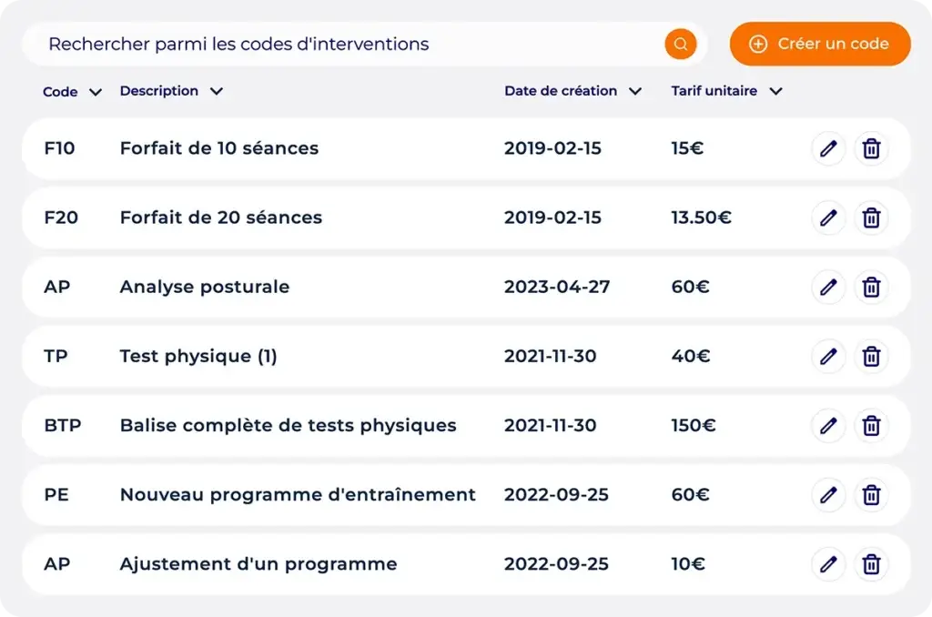 Liste des codes d'intervention Hexfit avec forfaits de 10 et 20 séances, description et tarif unitaire