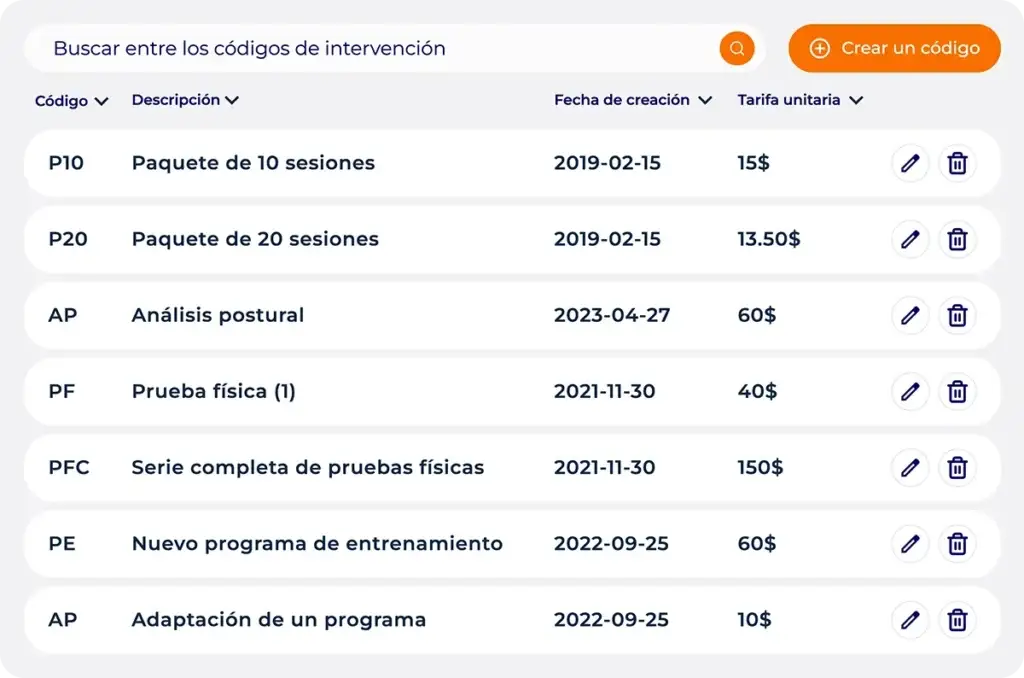 Lista de códigos de intervención de Hexfit con paquetes de 10 y 20 sesiones, descripción y tarifa unitaria