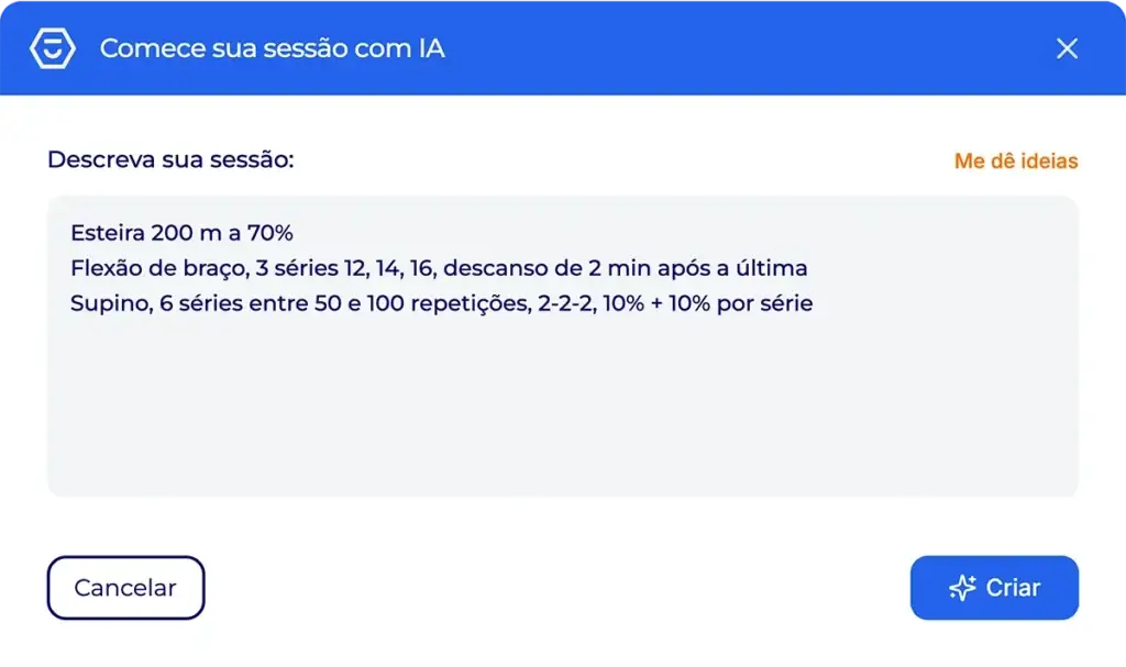 Janela "Comece sua sessão com IA" no editor de programas do Hexfit