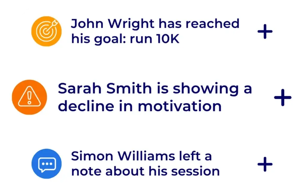 Hexfit notifications flagging a goal reached, a drop in motivation, and a note left by a clienta