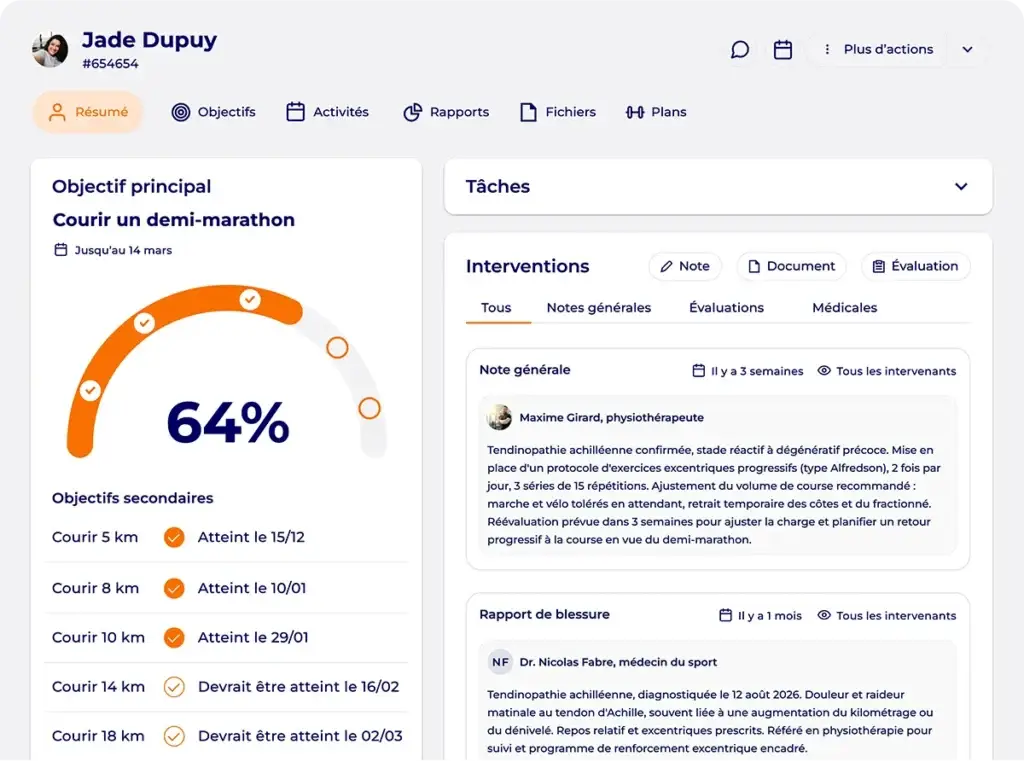 Dossier client Hexfit d'une coureuse visant un demi-marathon, avec suivi d'objectif à 64% et interventions du médecin du sport et du physiothérapeute pour une tendinopathie achilléenne