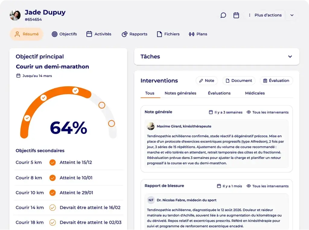 Dossier client Hexfit d'une coureuse visant un demi-marathon, avec suivi d'objectif à 64% et interventions du médecin du sport et du kinésithérapeute pour une tendinopathie achilléenne