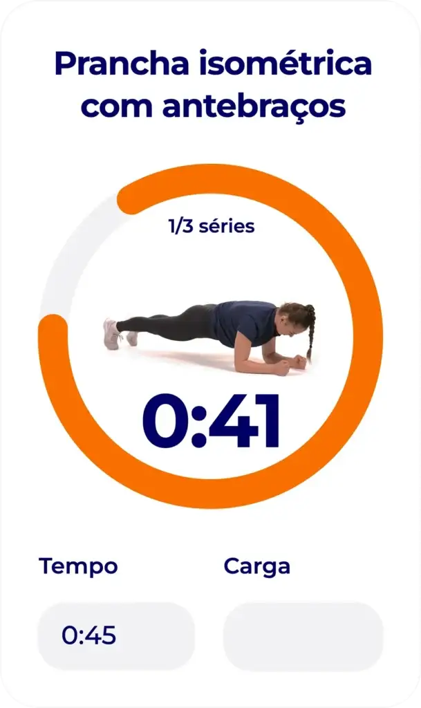 Cronômetro do exercício "Prancha isométrica com antebraços" no app Hexfit, série 1 de 3, 0:41