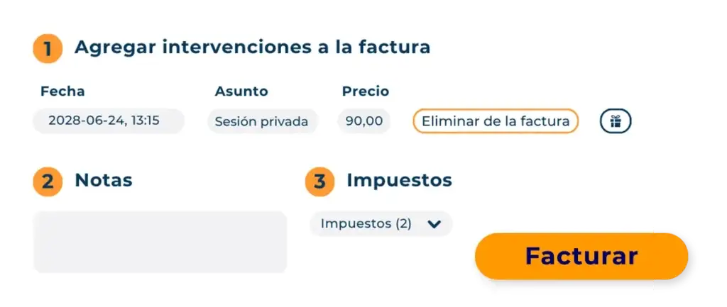 Ventana de facturación de Hexfit con una intervención agregada, notas e impuestos antes de enviar la factura